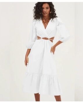 Astr the Label White Cutout Midi Dress with Puff Sleeves
